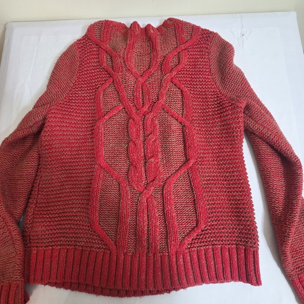 abercrombie & fitch cableknit fishermans crewneck sweater sz L wmns red nautical - Picture 7 of 11
